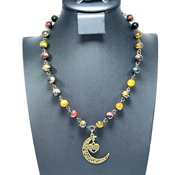 Handmade Crescent Moon & Paw Print Heart Necklace with Natural Tiger Eye Stones! - Picture 6 of 10